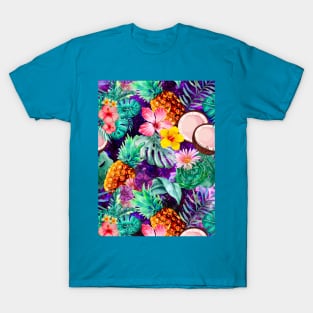 tropical pineapple exotic botanical illustration with floral tropical fruits, dark purple fruit pattern over a T-Shirt